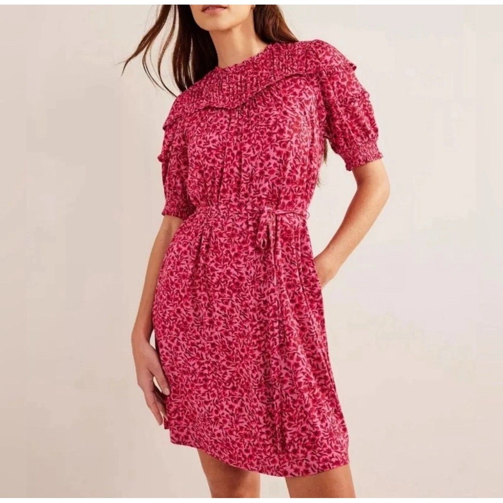 Boden Pink & Red Yoke Detail Belted Jersey Mini Dress Women's Sz 12 Long